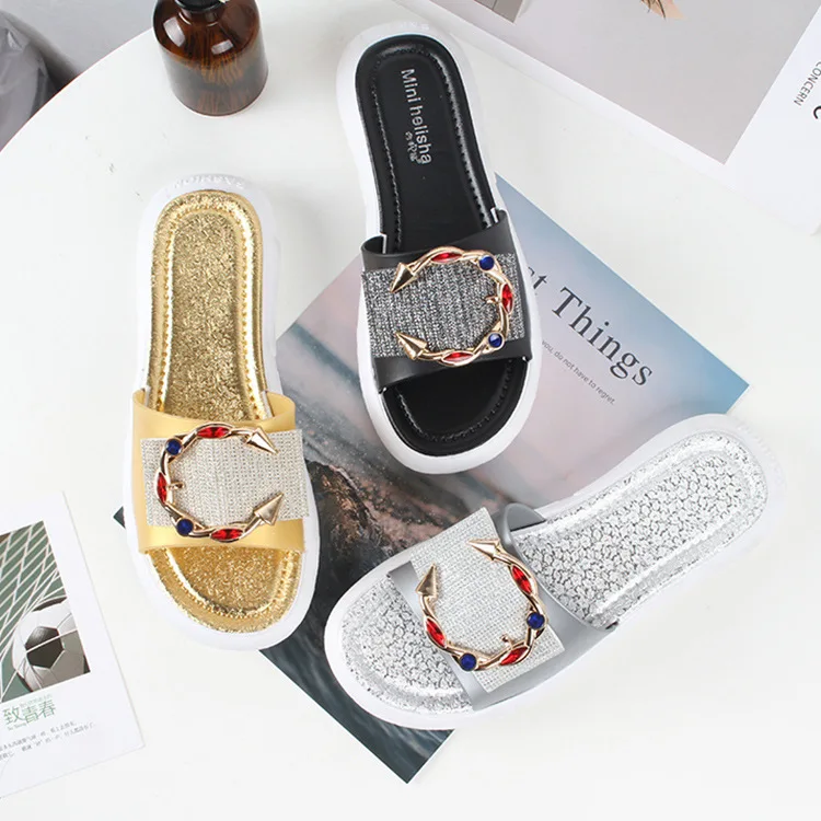 

Flat rhinestone high heel and platform Latex footwear Plastic spring summer Slides women Leisure Ethnic Concise
