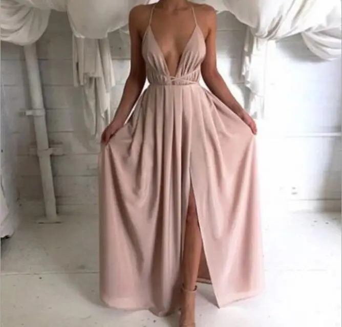 

2019 Elegant Sexy Long Dress Deep V-Neck Backless Straps Side Slit Bandage Dress Satin Maxi Dress