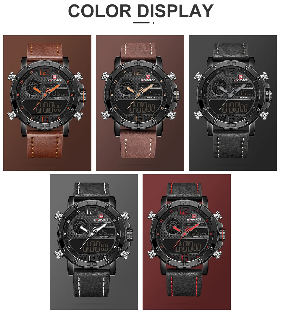 NAVIFORCE мужские часы Топ люксовый бренд мужские кожаные спортивные часы мужские кварцевые светодиодный цифровые часы водонепроницаемые военные наручные часы