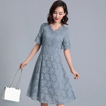 

Summer Women elegant lace Midi dress pinch waist V neck flare sleeve beautiful party dress casual vestidos plus size tunics 5XL