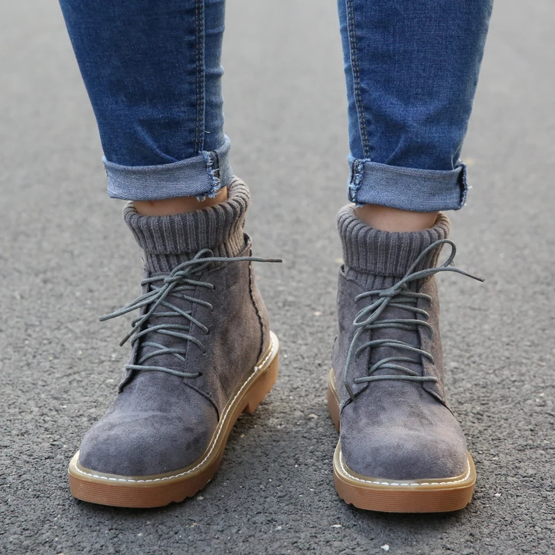 

Women Martin Boots Short Plush Winter 2019 Shoes Winter Women Lace Up Ankle Boots Black Leather Shoes Handmade Motocycle Boot