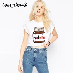 Loneyshow Новинка 2017 года Nutella принт белый регулярного Топы корректирующие летняя футболка с короткими рукавами Harajuku Фитнес Для женщин Мода Kawaii