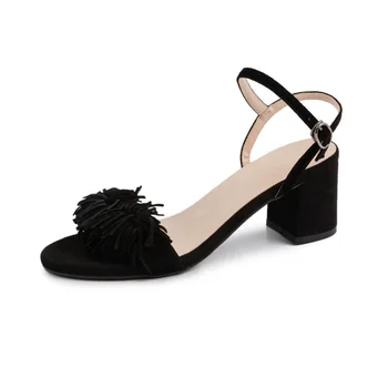 

Women's Sandals Sheep Suede Fabric Buckle Fringe Decoration Open Toe 5.5CM Thick High Heel Sandals Fashion Women's Shoes