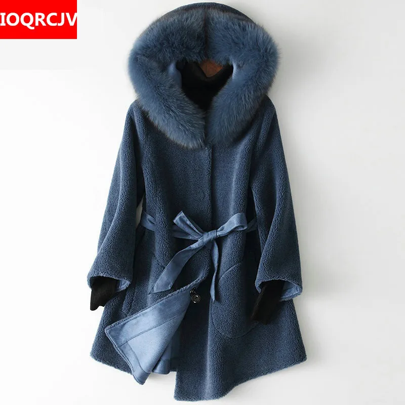 IOQRCJV шуба натуральная овечья стрижка длинное зимнее пальто женская одежда новая шерстяная куртка воротник из лисьего меха Abrigos Mujer R818