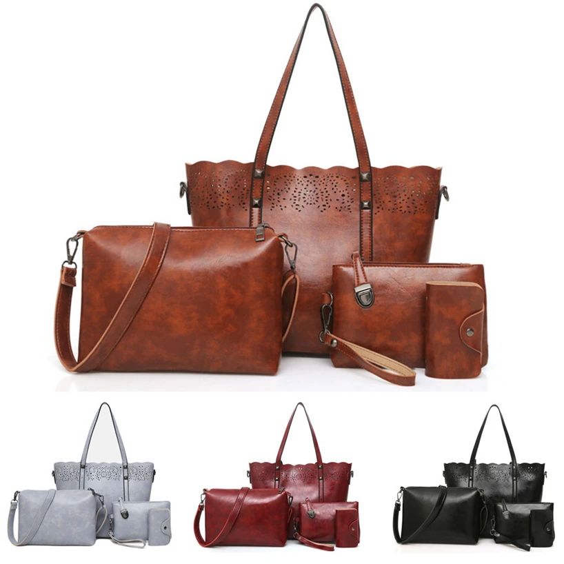 Aelicy, 4 шт., женские одноцветные сумки, простая Ретро Женская кожаная большая сумка-тоут+ сумка через плечо+ клатч+ кошелек для карт