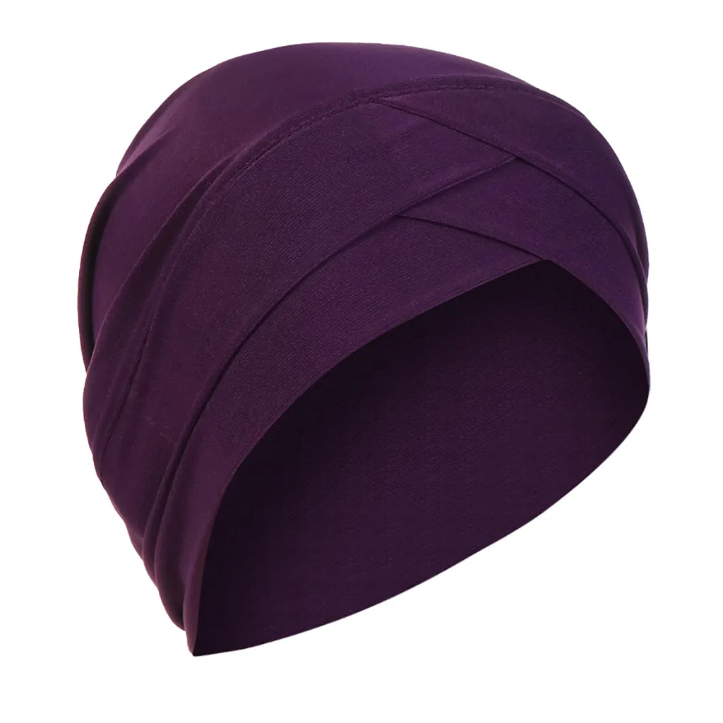 Женская однотонная головной убор в индийском стиле мусульманская гофрированная раковая шапочка-тюрбан, шарф, шапка, женская шапка, Femme Sombrero Mujer Verano# LR1 - Цвет: Dark Purple