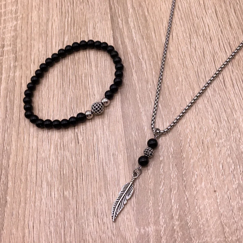 

NAIQUBE 2019 Fashion Classic 6mm Smooth Stone Beaded Bracelet Men Charm Necklace Jewelry Sets For Man Party Jewelry Gift