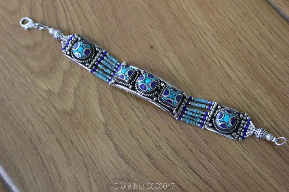 

BR016 Handmade Nepal Copper Inlaid Lapis Stone Clasp Bracelet Cuff Ethnic Tibetan 16mm Wide Vintage Women Bangle