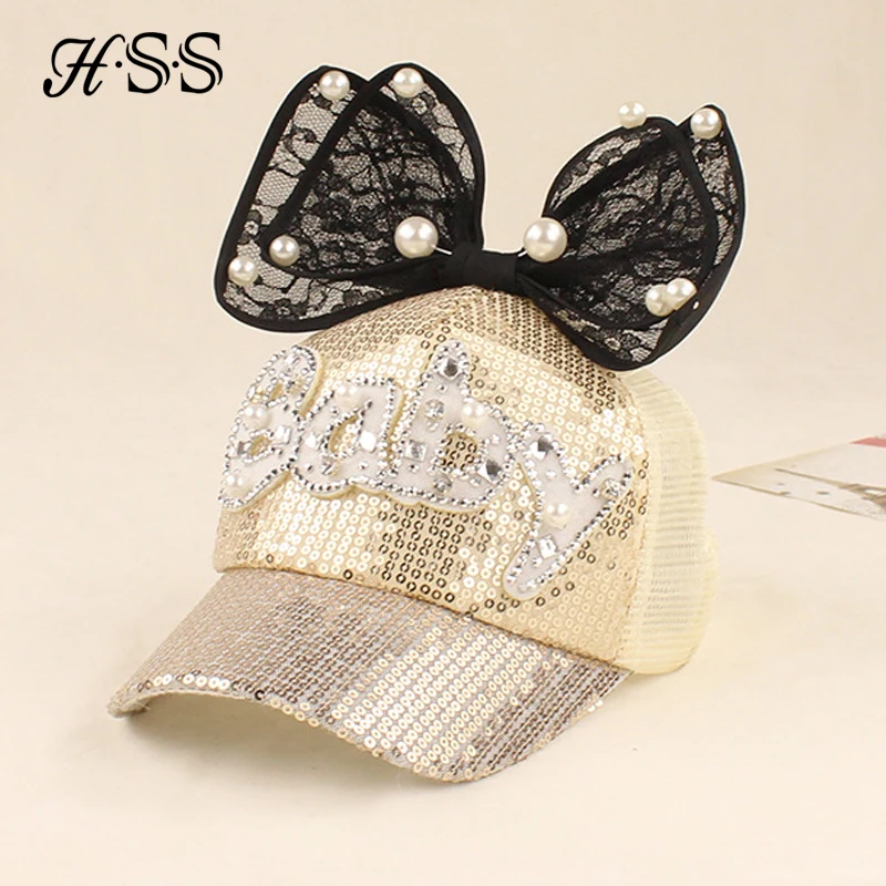 

HSS 2017 New Children Summer Cap Baby Alphabet Shade Baseball Caps Mesh Yarn hats bow pearl baseball cap Rhinestones