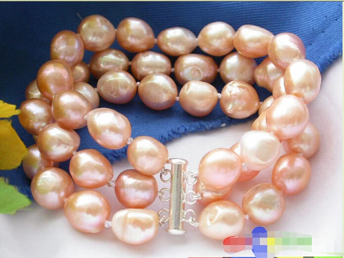 

3ROW 13MM PINK BAROQUE FRESHWATER PEARL BRACELET 925SC P2081 Noble style Natural Fine jewe Fast (D) SHIPPING