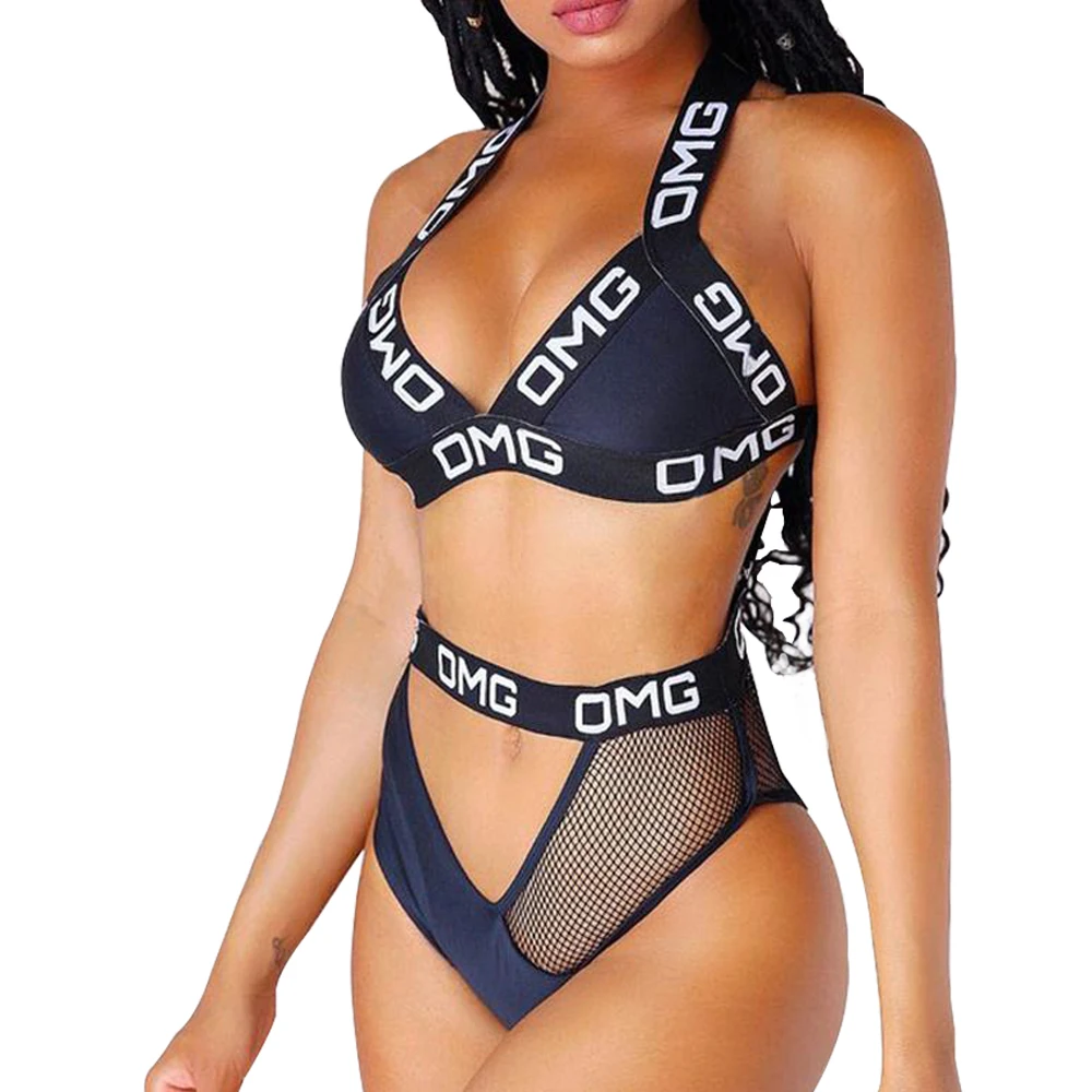 

Women's Sexy Thong Push Up Padding Brazilian Bikini Black Mesh Patchwork High Cut Out Halter Letter Swimsuit Women Bathing Suit