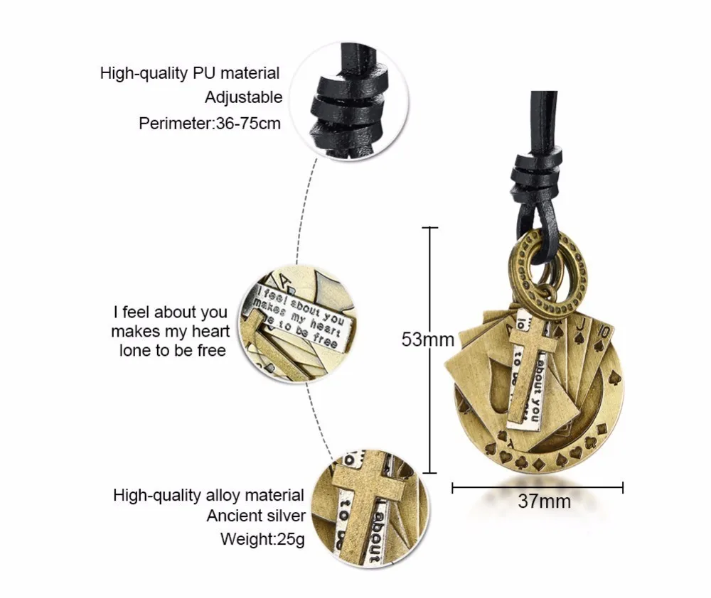Мужское Королевское ожерелье с подвеской в виде игральных карт, кожаное ожерелье с крестообразной биркой, изготовлено из металла, ювелирное изделие для клуба казино, регулируемое