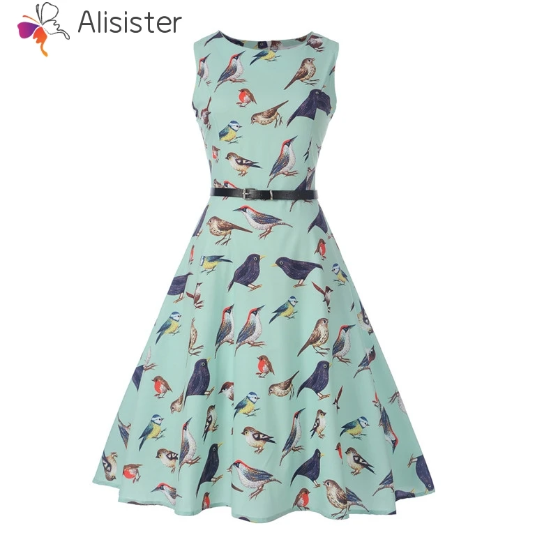 

Women Sleeveless Vintage Summer Dress 50s 60s Rockabilly Swing Cotton Party Vestidos Bird Floral Print Elegant Dresses With Belt