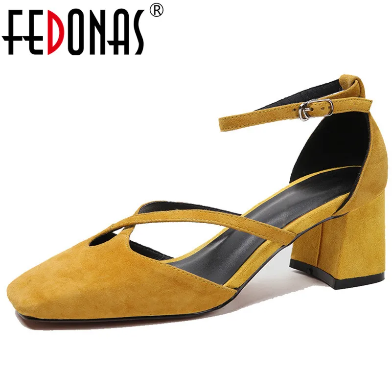 

FEDONAS 2019 Women Genuine Leather High Heels Ankle Strap Party Wedding Shoes Woman Square Toe Buckles 2019 New Pumps