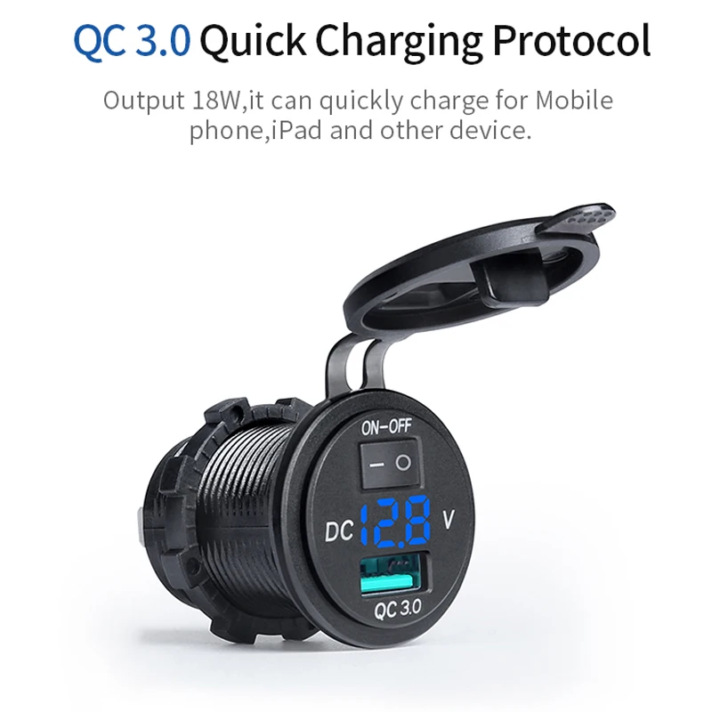 

USB Car Charger Socket 36W QC 3.0 USB Volt Display Quick Charge Socket