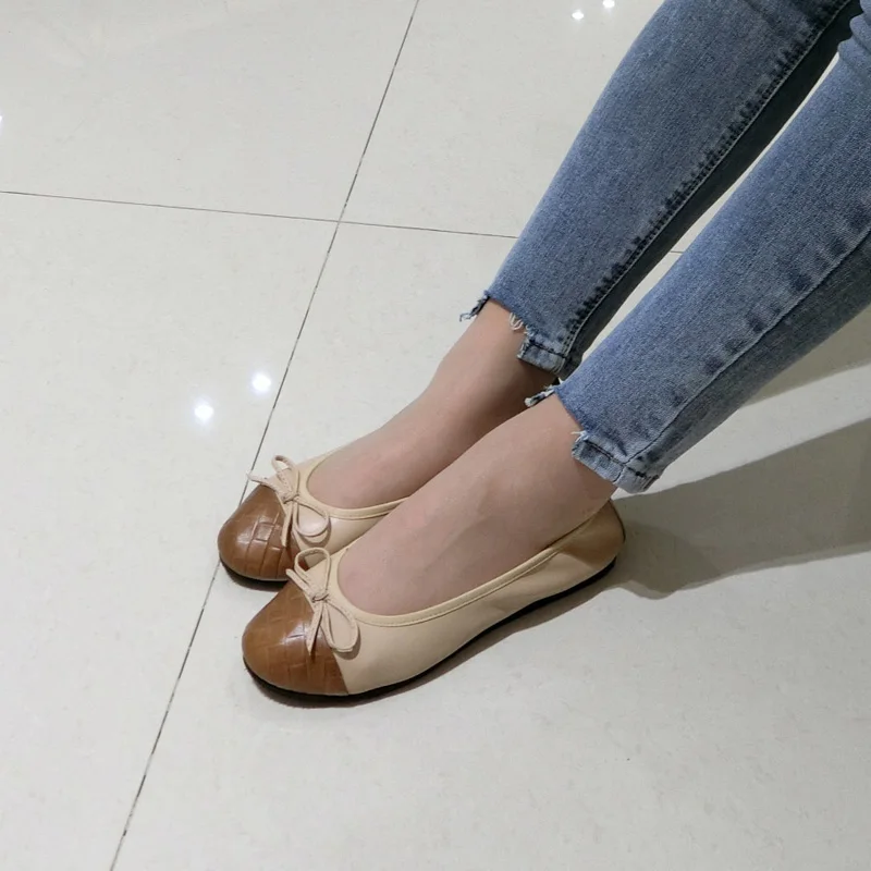 Geniune Leather Ladies Casual Slip-on Flats Fashion Patchwork Bowtie Flats For Women Soft Leisure Ballerinas Flats Plus Size 43 (8)