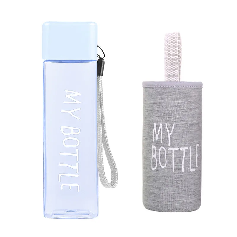 Новые пластиковые бутылки для воды 500 мл My bottle для воды с веревкой, прозрачная Квадратная бутылка для напитков, спортивный корейский стиль, термостойкая - Цвет: blue and sleeve