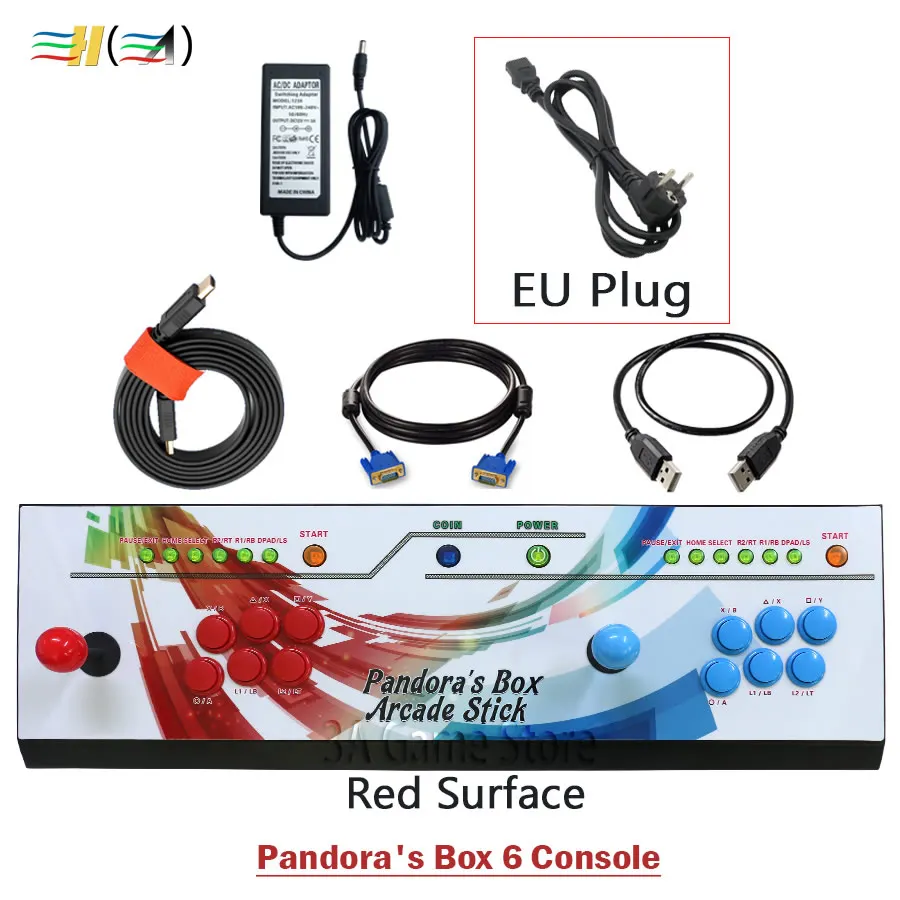 Ящик Пандоры 6 1300 в 1 Семья консоли 2 игроков джойстики led кнопок можно добавить дополнительные 3000 игры Поддержка FBA MAME PS1 игра 3d - Цвет: red EU plug