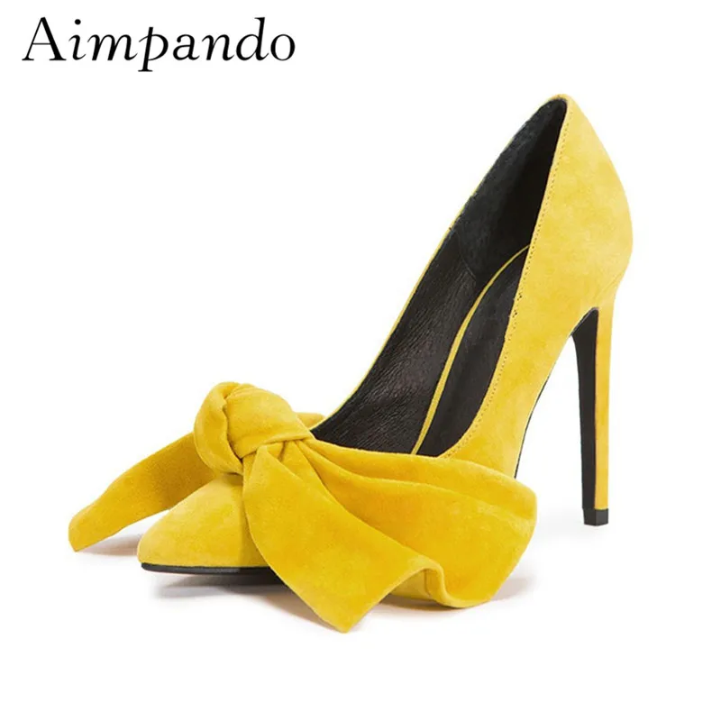 

Big Butterfly-knot High Heeled Pumps Pointy Toes 10cm Heels Sweet Yellow Pink Ladylike Shallow Party Shoes Woman