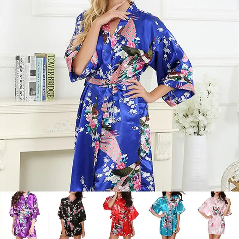 Модные пикантные для женщин длинные шелковые печати кимоно платье Половина рукава пижамы кардиган для ванной Халат