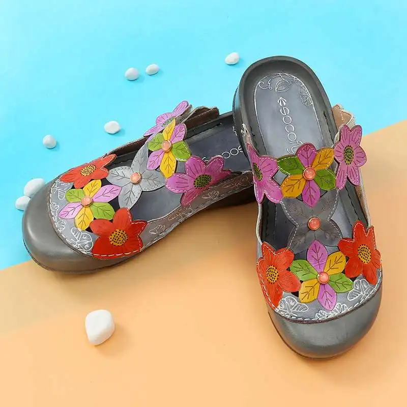 Socofy/; женские сандалии из натуральной кожи в стиле ретро; сандалии на плоской подошве с регулируемой петлей и цветочным узором; Винтажная обувь, раскрашенная вручную