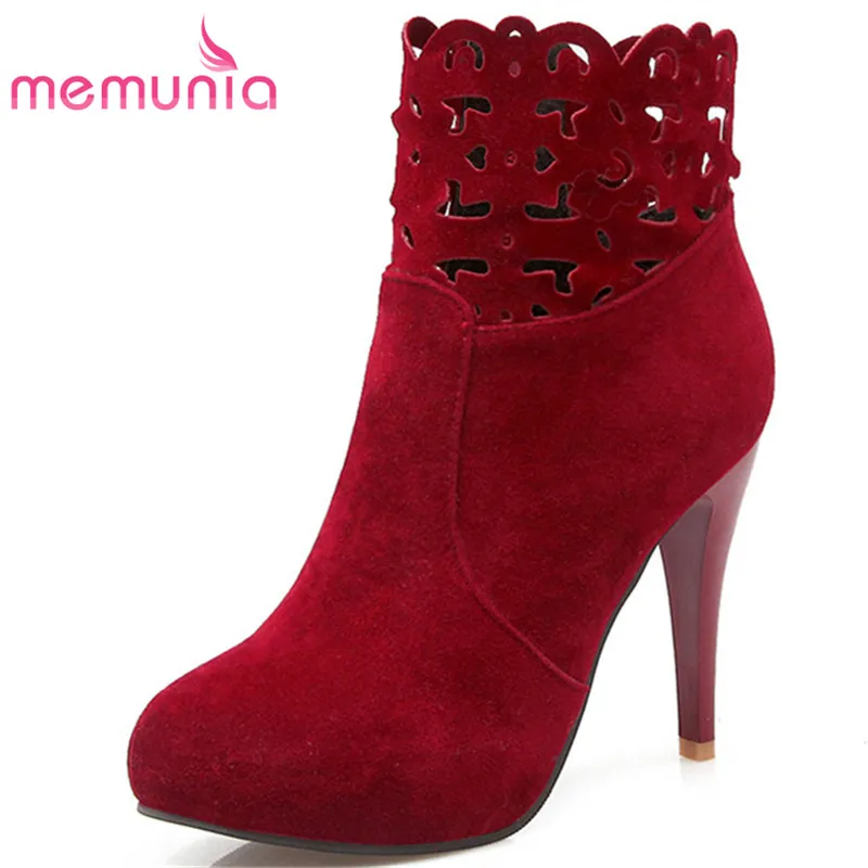 

MEMUNIA Fashion shoes elegant ankle boots for women zipper flock solid womens boots spring autumn high heels large size 34-43