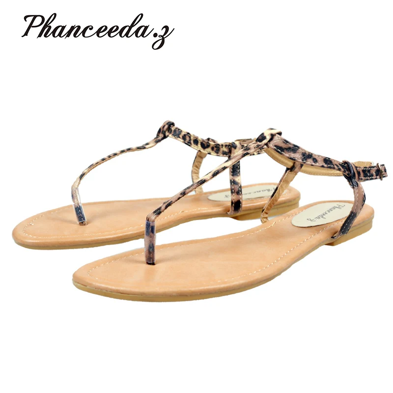 Новинка 2017 г. женская обувь летние сандалии Leopard повседневная обувь на плоской подошве пряжки пляж цветочные сандалии женские вьетнамки
