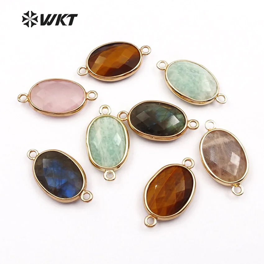 

WT-C256 WKT wholesale 10pcs/lot natural stone connectors Oval shape multi colors with double hook for DIY jewelry making classic