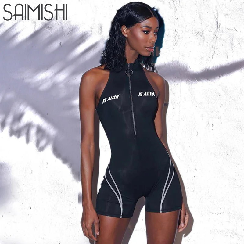 

Saimishi O-Ring Zipper Front Turtleneck Sleeveless Women Fitness Bodycon Playsuit Rompers 2019 Neon Green Skinny Short Jumpsuit