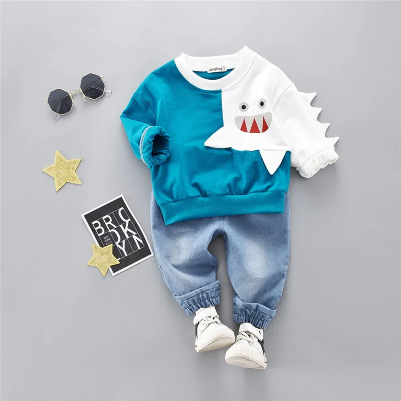  Boys clothes Child Kids Winter Boys Cartoon Shark Long Sleeve Tops Denim Pants Outfits Set #4j22 (10)