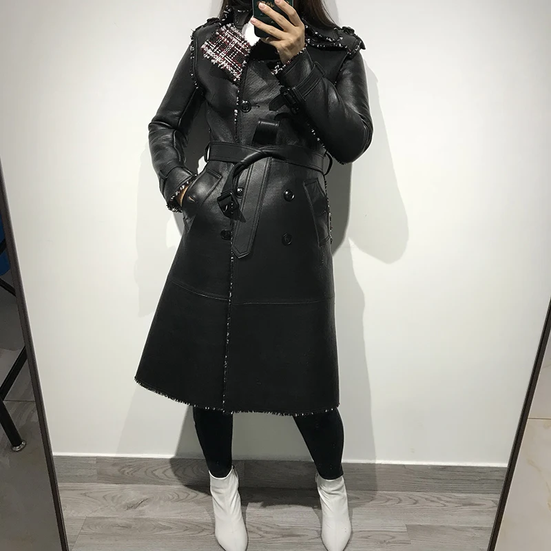 

lady long real leather trench women genuine leather coat