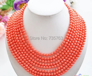 

xiuli 0014606 Real 8row 16"~22" 6MM round pink coral bead necklace