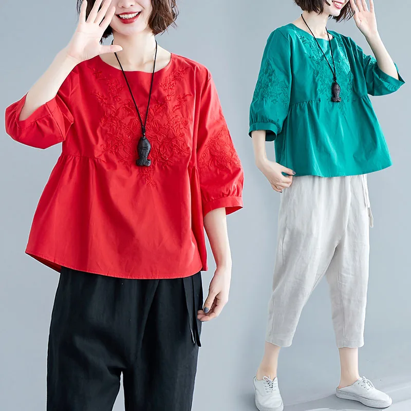 

Solid Brief Embroidery Women Shirt Blouse Half Lantern Sleeve Casual Ethnic Retro Summer Tops Femme Clothes Cotton Linen Blusas