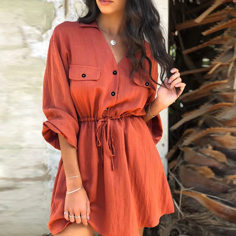 

Vintage Women Mini Shirt Dress Casual Lantern Long Sleeve Short Dress 2019 Autumn Turndown Collar Lace Up Linen Ladies Dresses