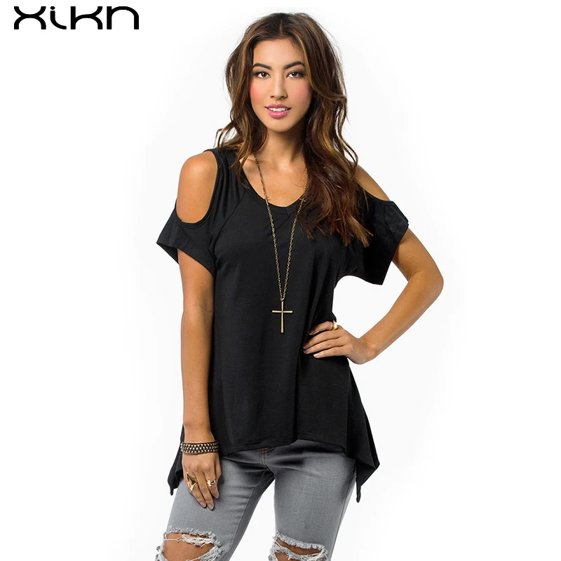 

2017 New Summer T Shirt Off Shoulder Women T-shirts Cotton Casual Tshirt Asymmetrical Loose Tee Shirt Femme 5 Color AG297
