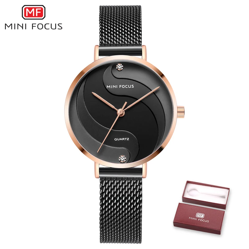 MINIFOCUS Watch Women Fashion Dress Quartz Watch Luxury Brand Ladies Full Steel Mesh Strap Waterproof Watches Female reloj mujer - Цвет: Black