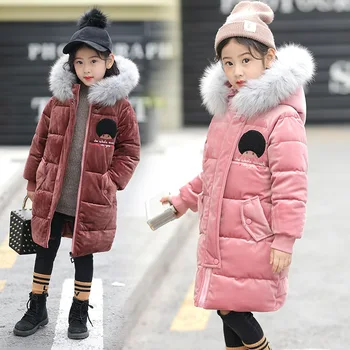 

Winter Children Girls Coats Kids Cotton Padded Raccoon Fur Collar Hooded Warm Overcoats Outfits Girls Gold Velvet Fabric Jackets