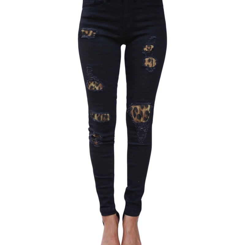 MONERFFI, женские обтягивающие джинсы больших размеров с высокой талией, однотонные леопардовые Лоскутные неровные ребристые дырочки, узкие брюки, Стрейчевые узкие брюки - Цвет: black