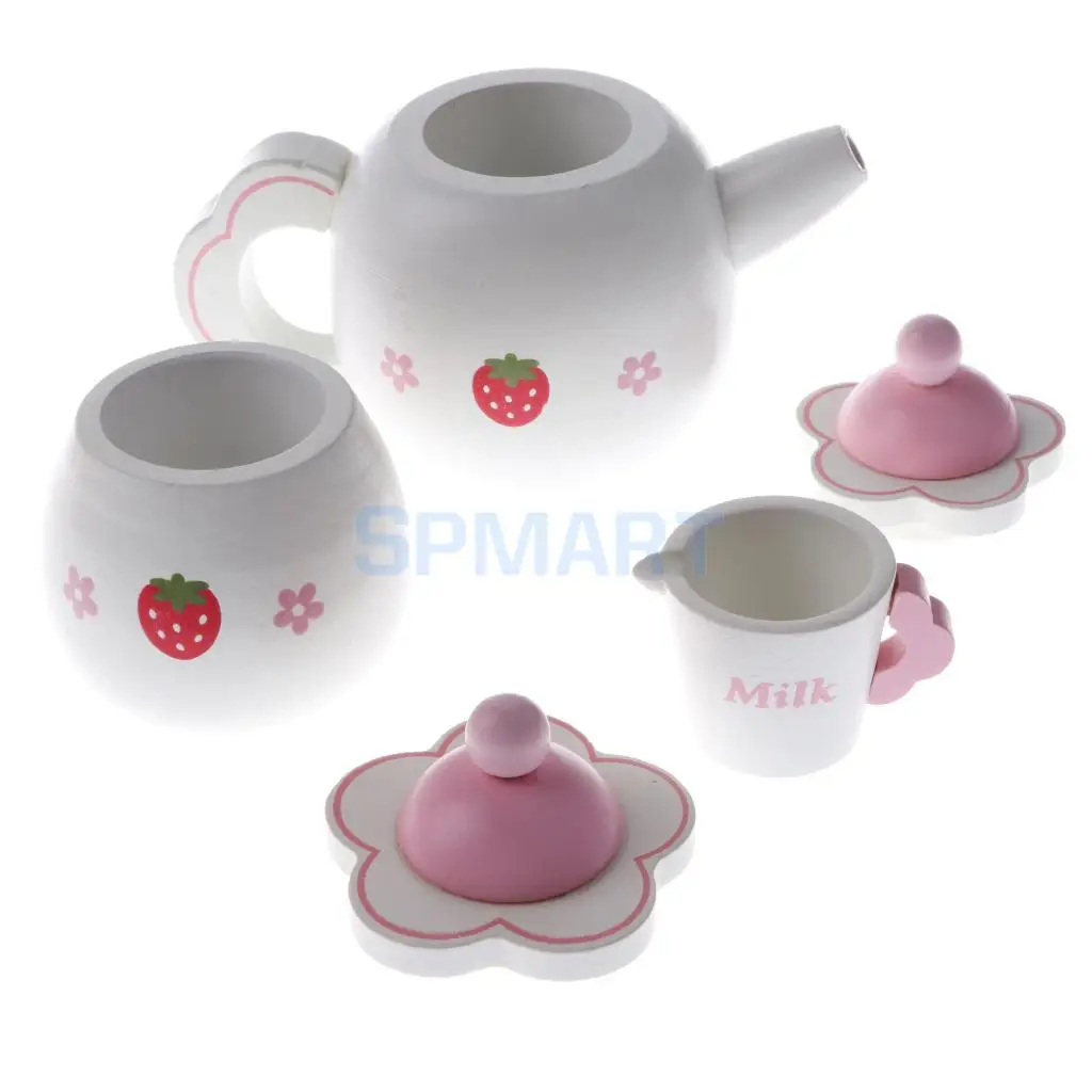 Miniature Dollhouse Wooden Strawberry Themed Afternoon Tea Set Food Kitchen Pretend Play Set