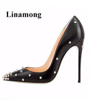 

Newest Fashion Sexy Shallow Thin High Heel Pointed Toe Spring And Autumn Rivet Party Black 10-12 CM Heel Sexy Women Pump