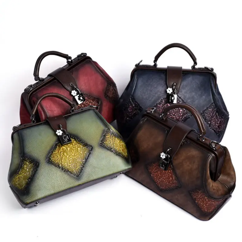 

Genuine Embossed Cow Leather Women Messenger Shoulder Bag Tote Retro Handbag Cross Body High Quality Natural Skin Top Handle Bag