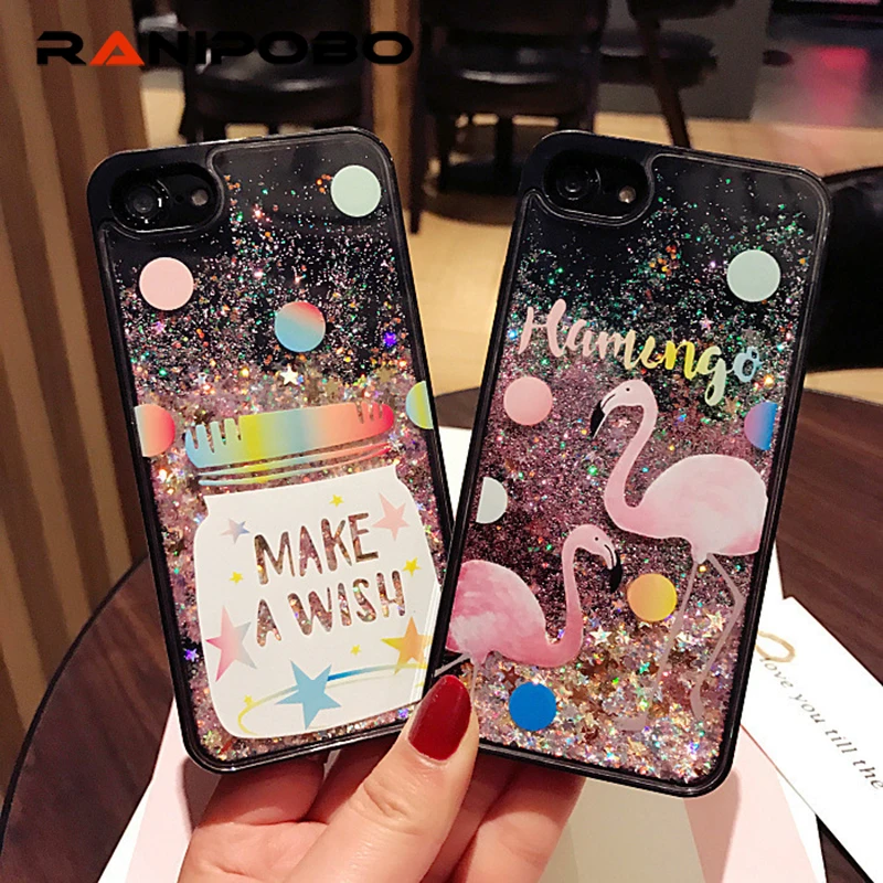 

Love Heart Glitter Flamingos Dynamic Liquid Quicksand Soft TPU Black Frame Back Cover Phone Case Couque For iPhone 6 6S 7 Plus