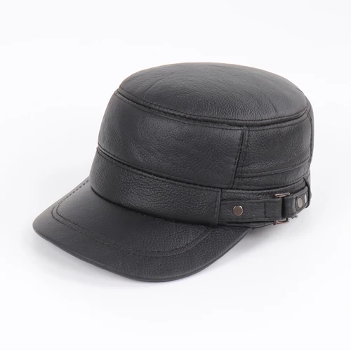 New Outdoor Men Real Sheepskin Leather Flat Caps Man Warm Real Natural Sheep Leather Military Hats Fall Winter Real Leather Hat - Цвет: black