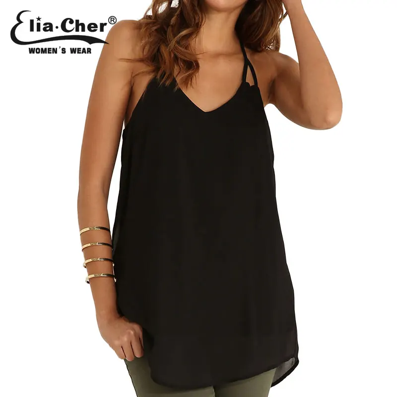Elia Cher Thin Chiffon Sleeveless Blouses Women Beach Black Camis V