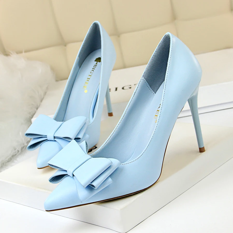 cute bow women high heels pumps Ladies shoes 2018 sexy pointed toe 10cm thin heels 7 colors wedding shoes woman plus size 34-43