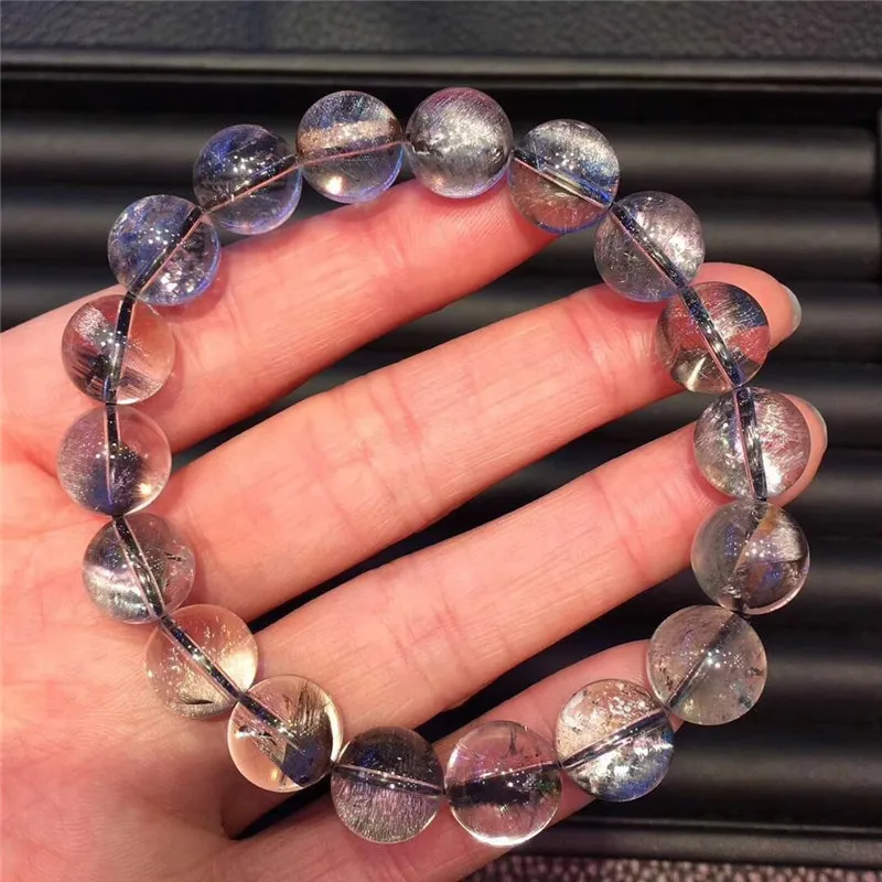 

11.2mm Natural Brookite Platinum Silver Rutilated Quartz Crystal Bracelet Round Beads Woman Man Party Lucky Gift Stretch Jewelry