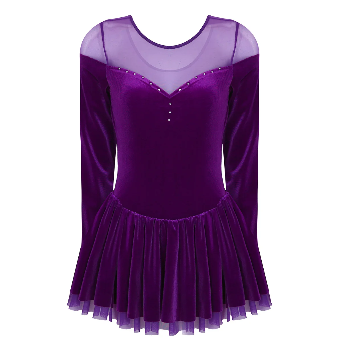 Женское платье для фигурного катания на коньках, для танцев, с длинным рукавом, бархатное, для катания на коньках, современное, для балета, платье для выступлений, костюмы для соревнований - Цвет: Dark Purple