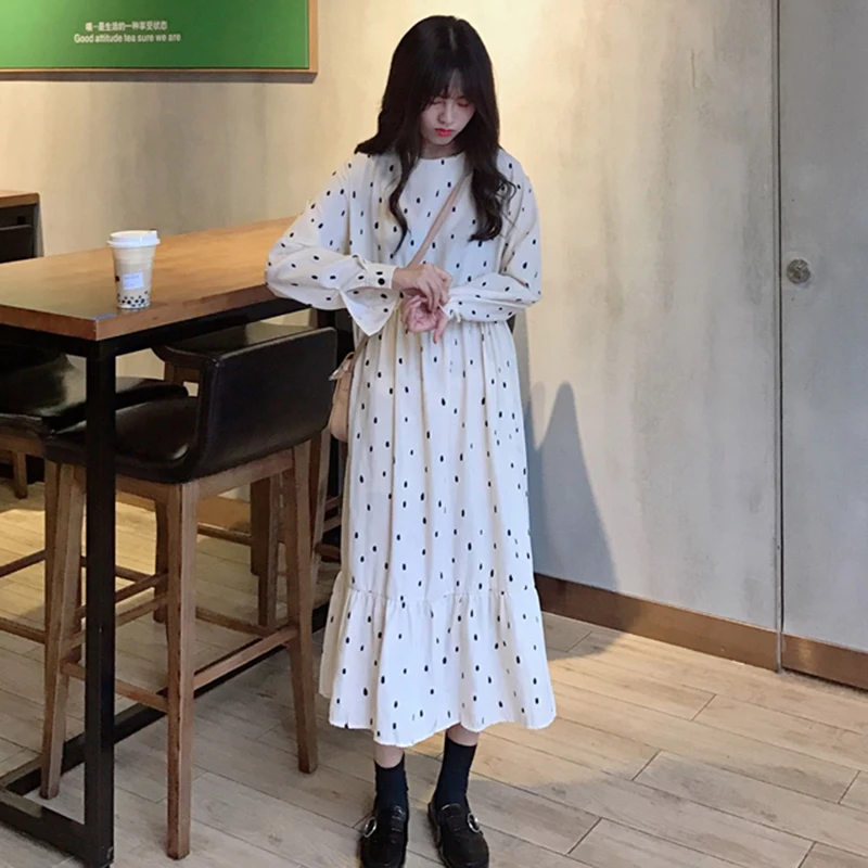 

Spring 2019 The New Korean Version Loose Wave Point Medium and Long Section Slim Bottoming Long Sleeve Women Dresses
