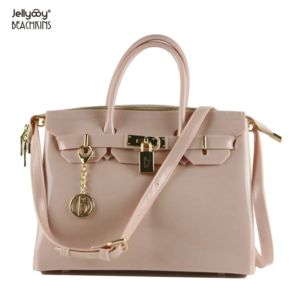 

Jellyooy Beachkins Women's Padlock Zipper Handbag Glossy Jelly Bags Candy Colors Bag PVC Waterproof Beach Tote Bags Nude Color