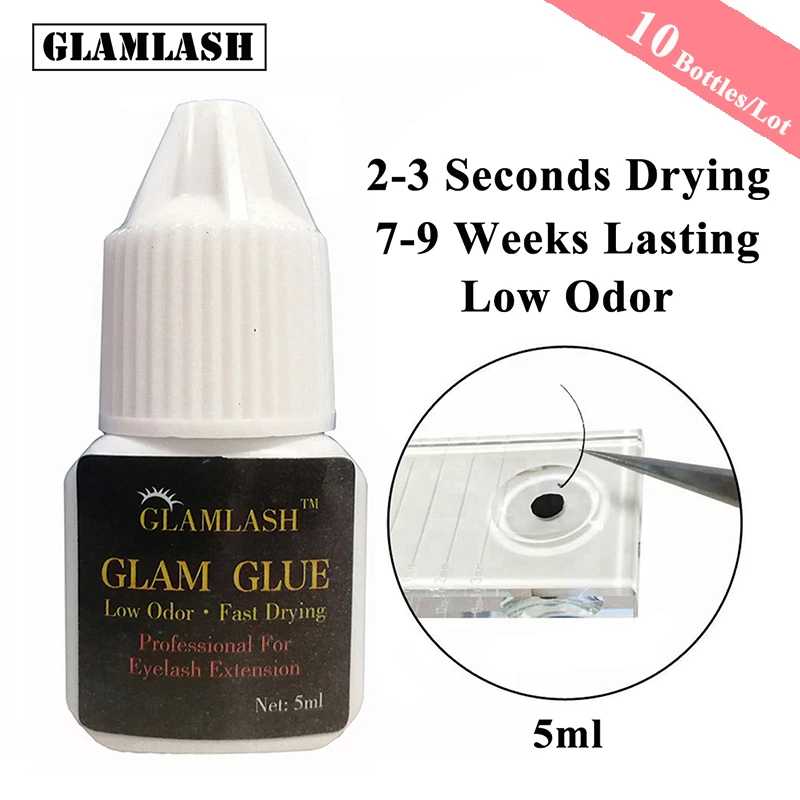 

GLAMLASH 10Bottles White Cover Low Smell Extremely Strong Black Eyelash Glue for Lash Extensions 2-3Sec Fast Dry Maximum Bonding